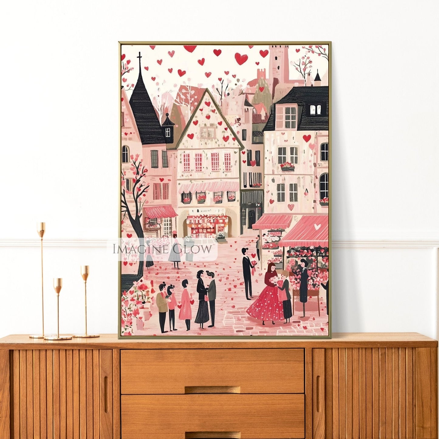 Artistic hand-drawn Valentine's Day townscape wall art
