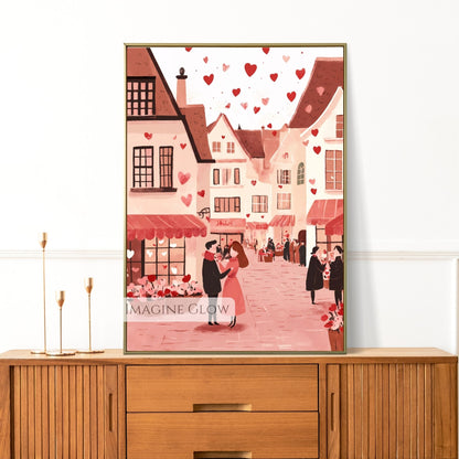 Digital Valentine’s Day hand-drawn town art print
