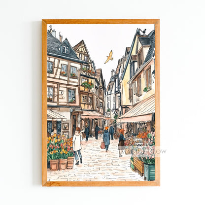 Hand-drawn spring town with blooming flowers and cobblestone streets.
