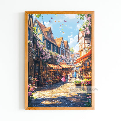 Romantic old town illustration featuring sunlit streets and historic buildings.
