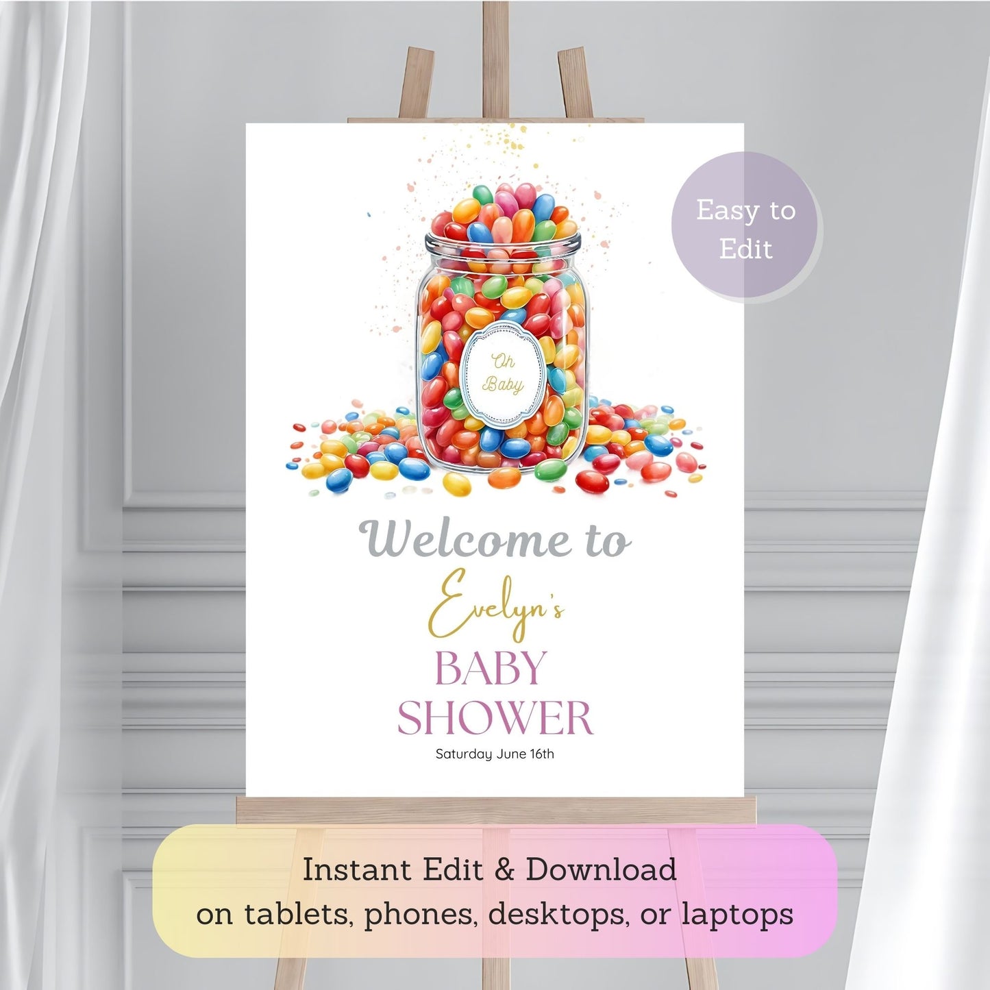 Playful and colorful jellybean baby shower invitation bundle.
