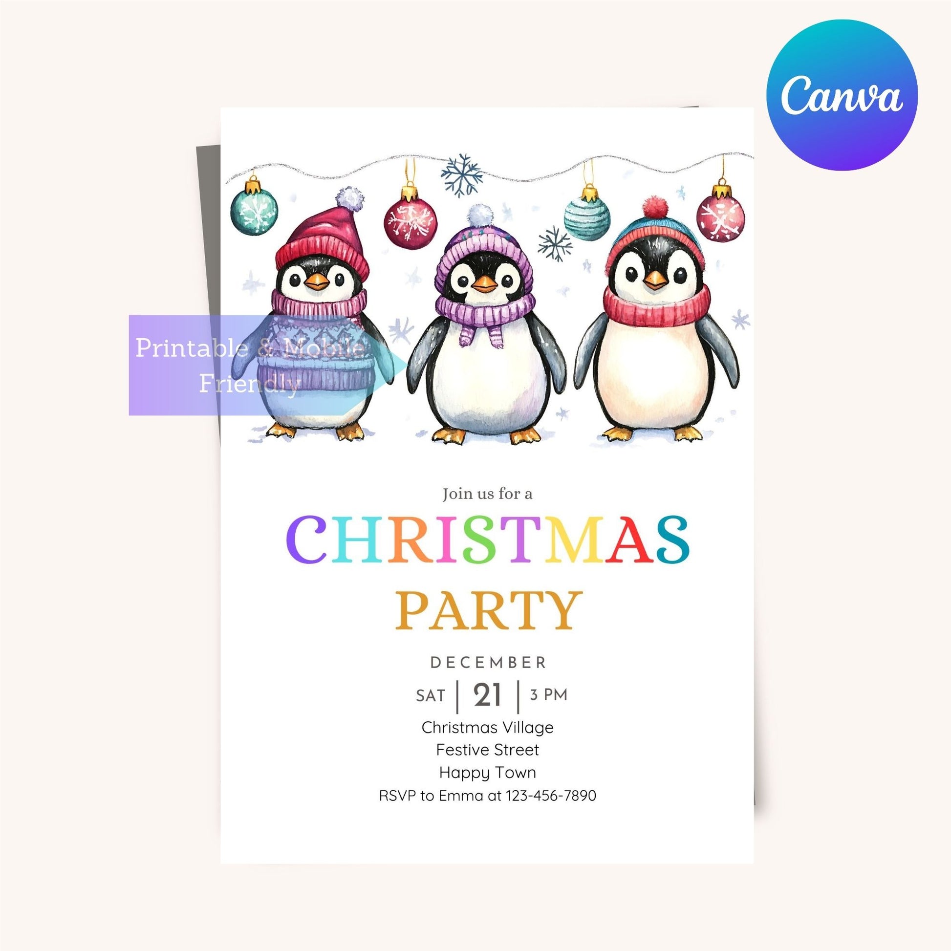 Penguin-themed holiday invitation for kids and adults with a bright design.