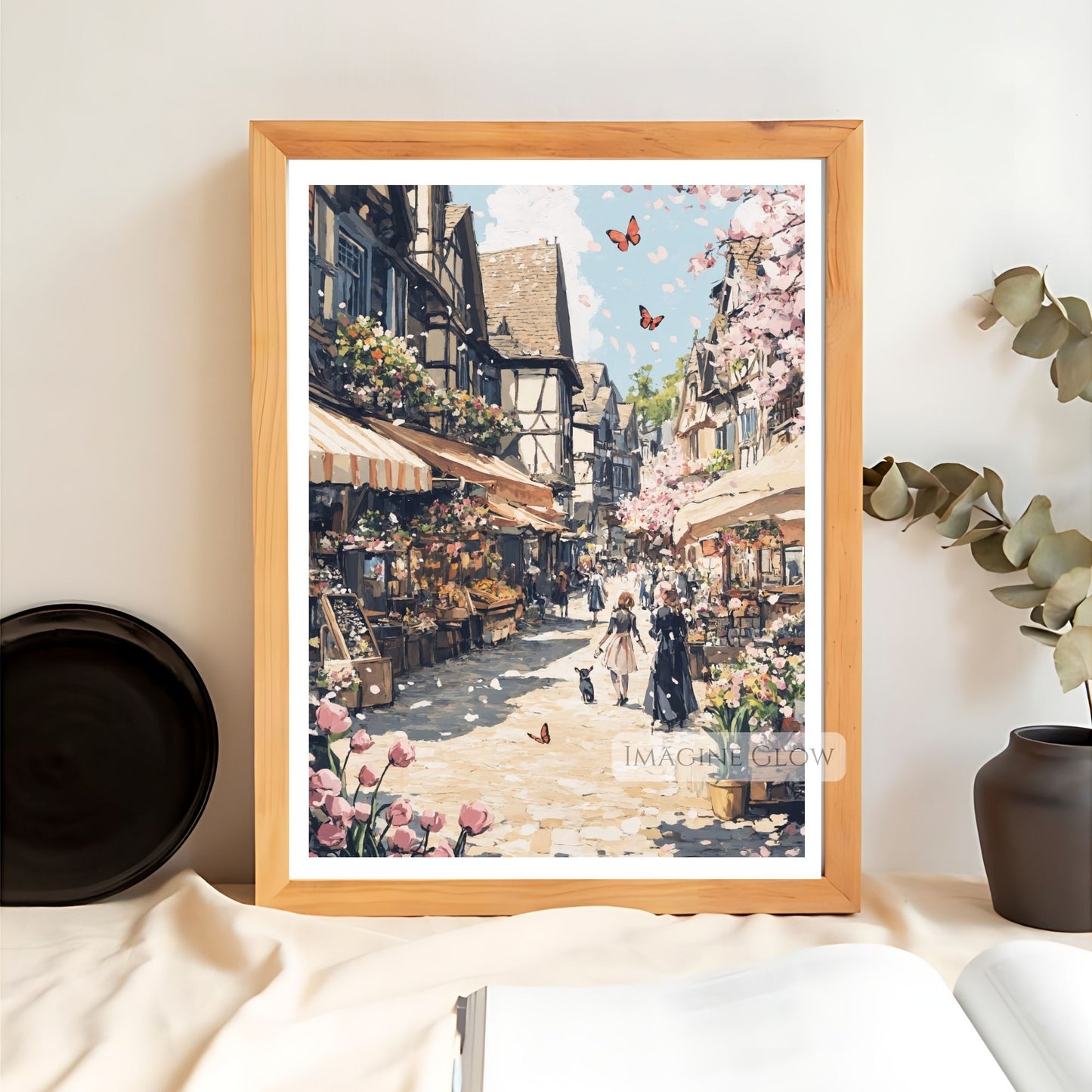 Modern spring flower market scene with blooming stalls and cobblestones.
