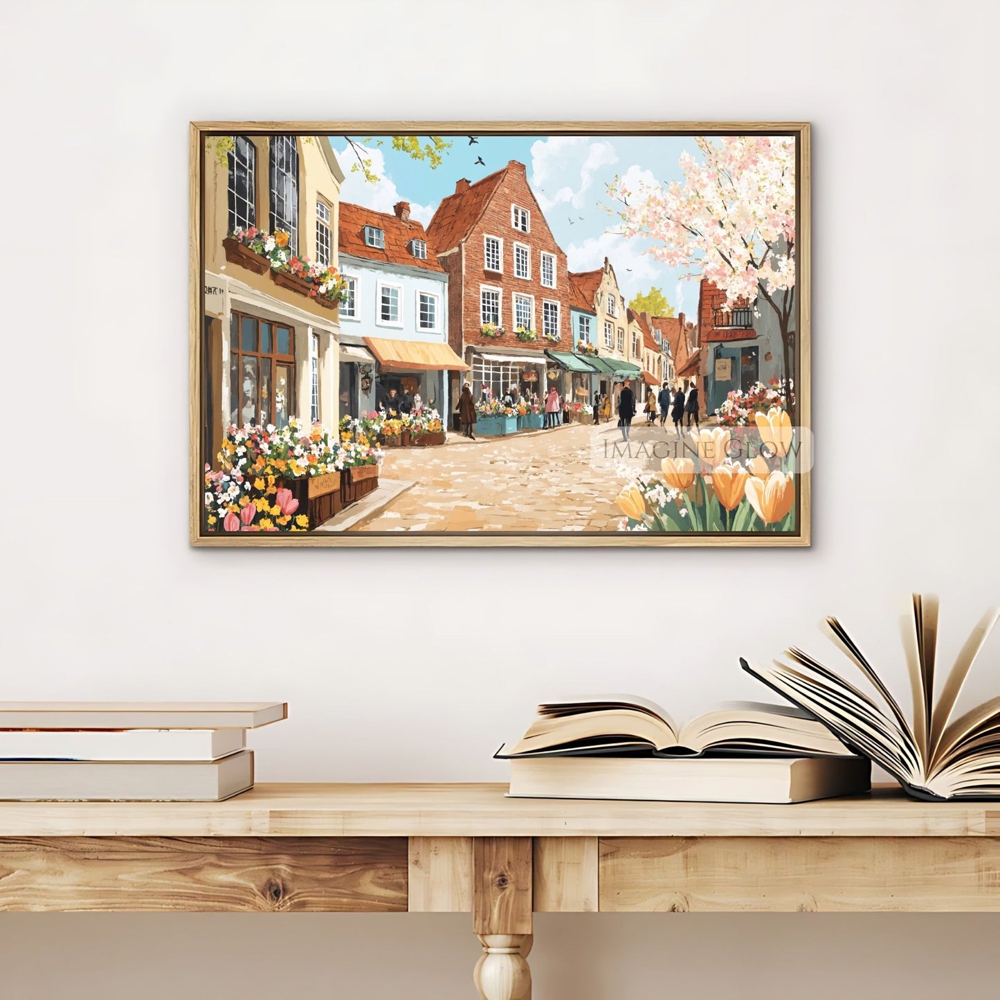 Vibrant flower market scene in a pastel-colored spring cityscape.
