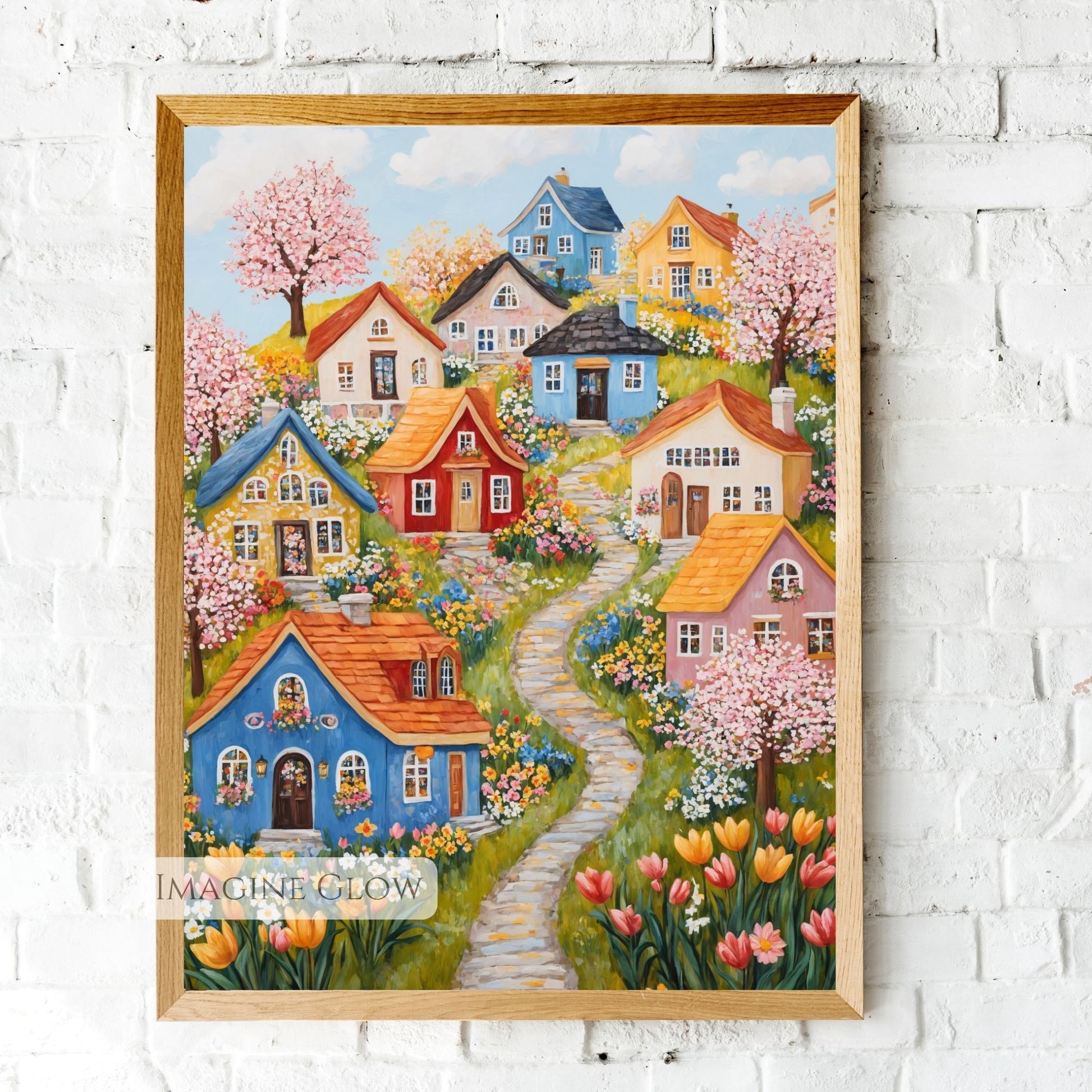 Colorful hillside village with cherry blossoms and wildflowers
