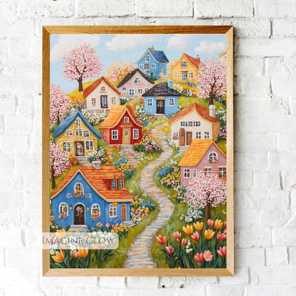 Colorful hillside village with cherry blossoms and wildflowers
