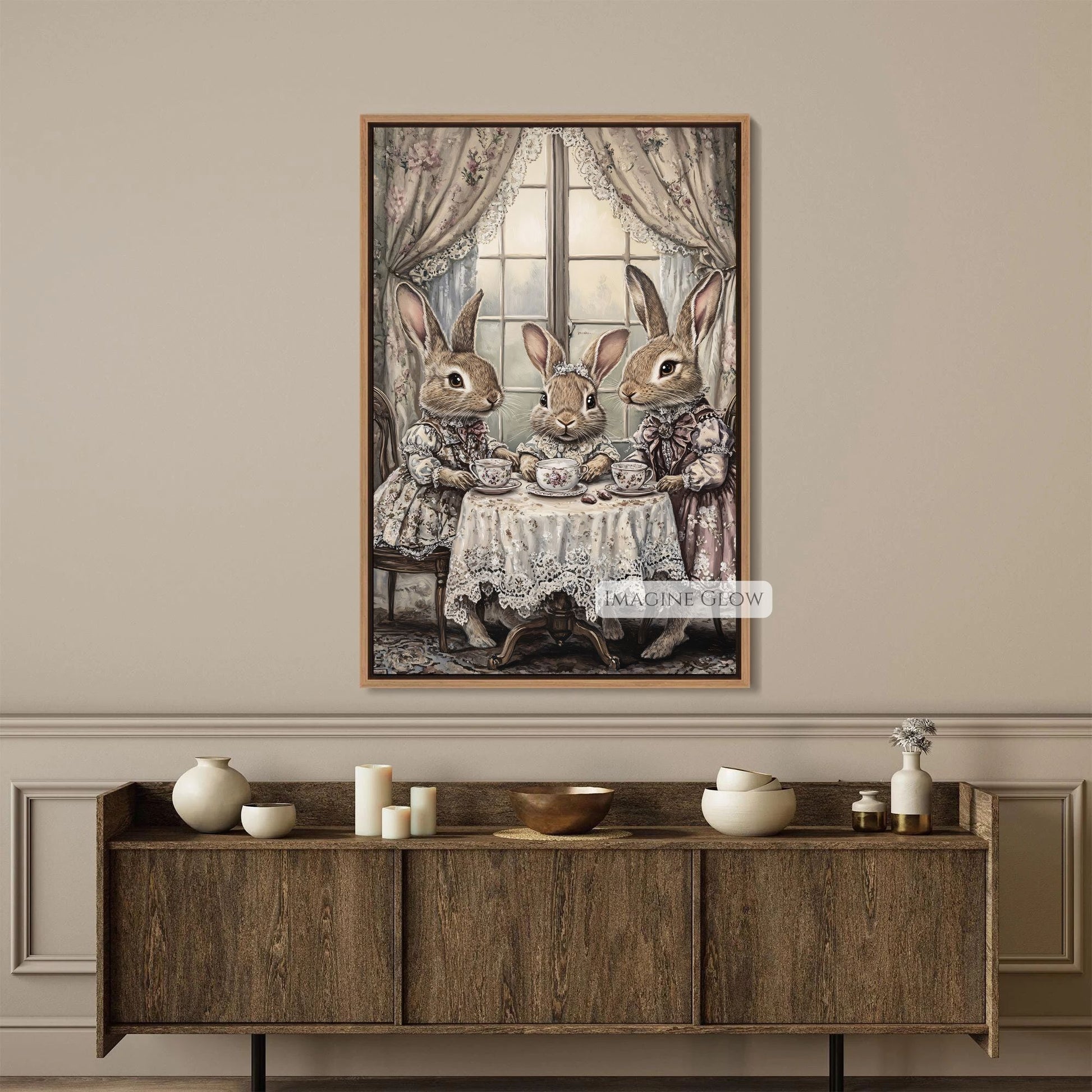 Elegant vintage rabbit tea time artwork for wall decor.
