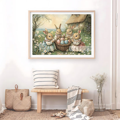 Whimsical spring wall art with Victorian rabbits and Easter eggs for kids' rooms.
