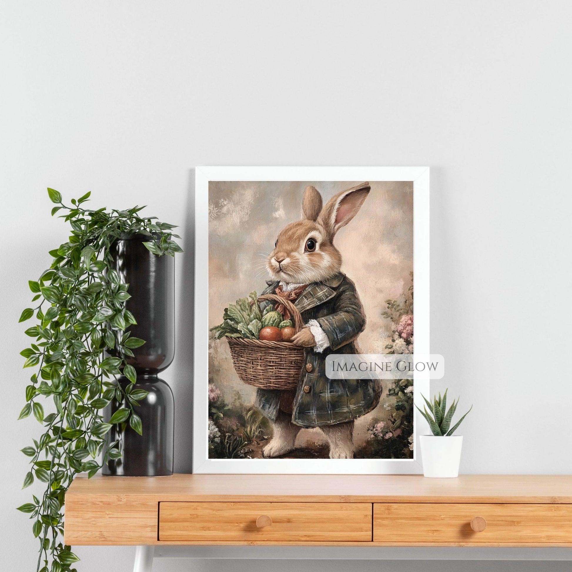 Beatrix Potter-style bunny with a vegetable basket illustration.
