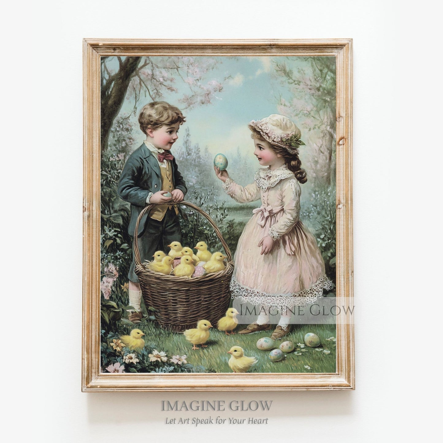 Victorian Easter scene with children, chicks, and Easter eggs.
