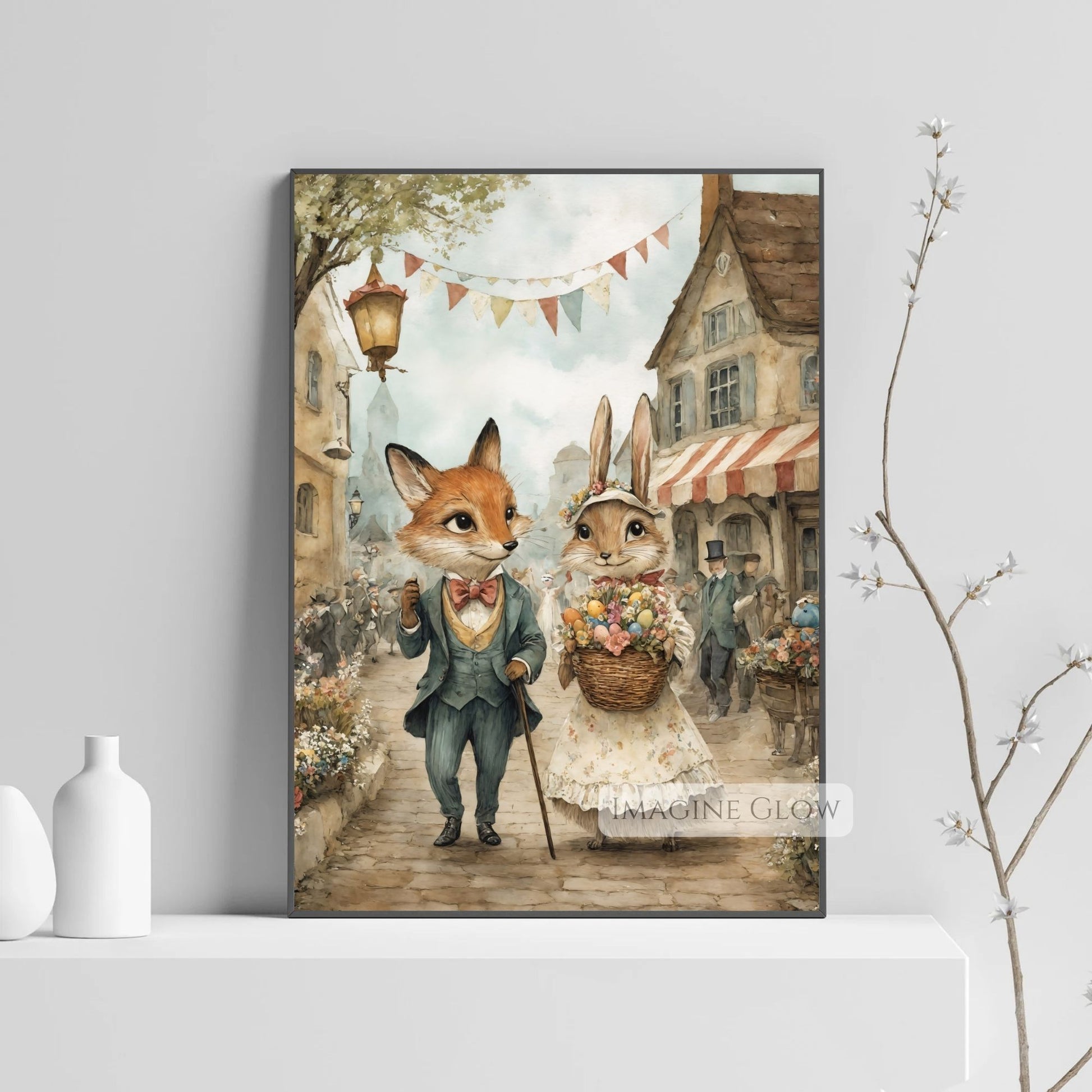 Vintage Easter Animal Print - Fox & Rabbit Illustration
