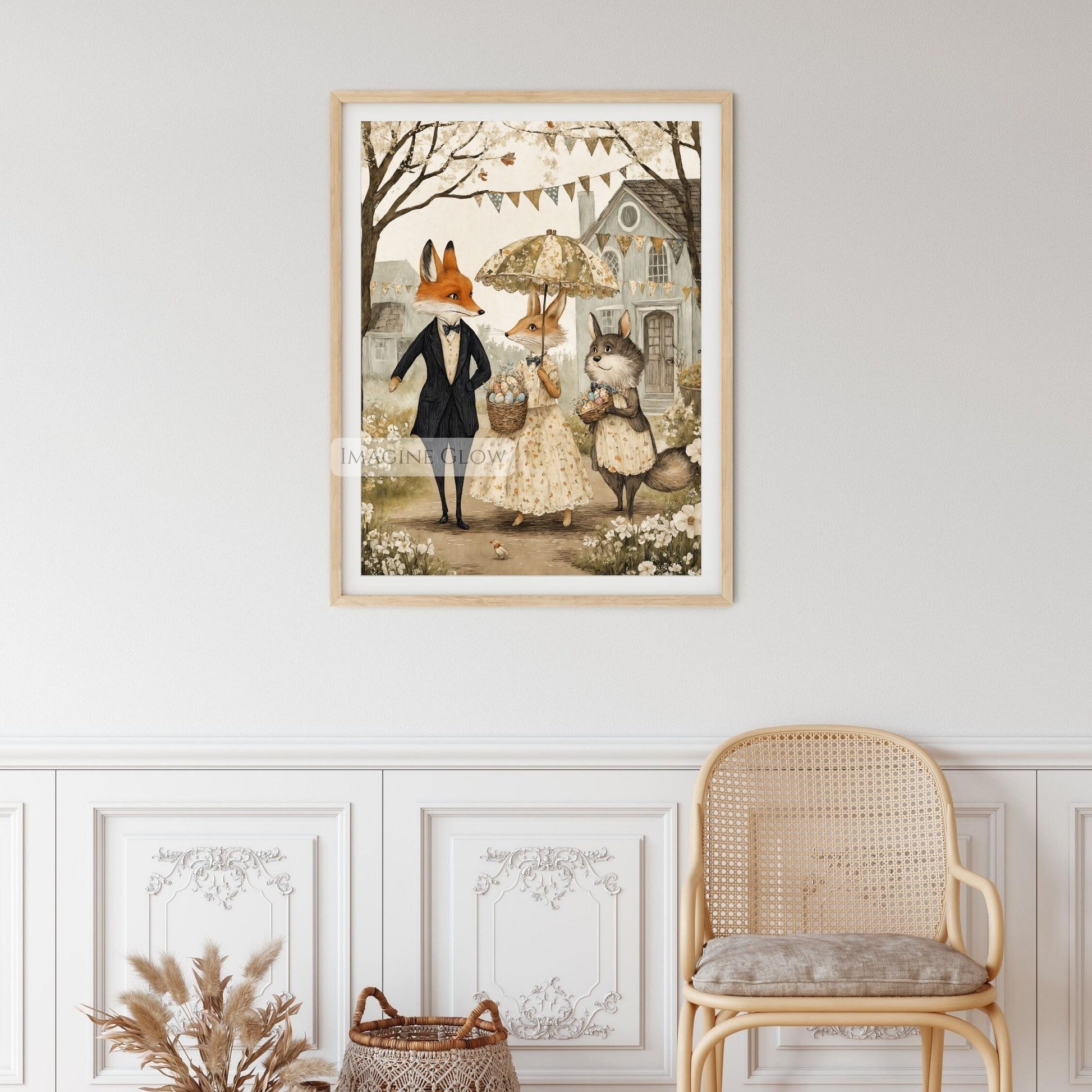 Fox & Bunny Easter Illustration - Antique Spring Print
