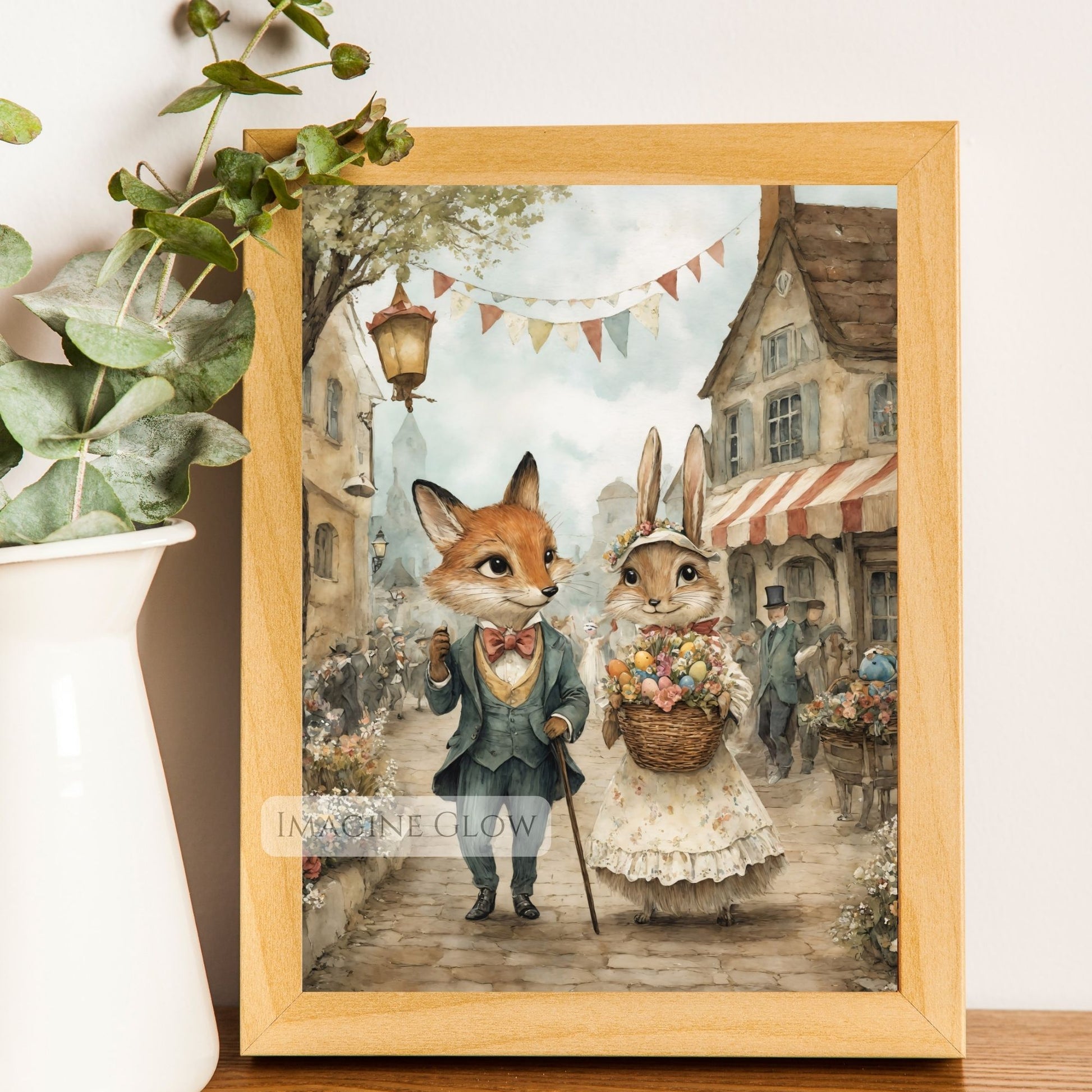 Whimsical Fox & Bunny Easter Print - Victorian Style
