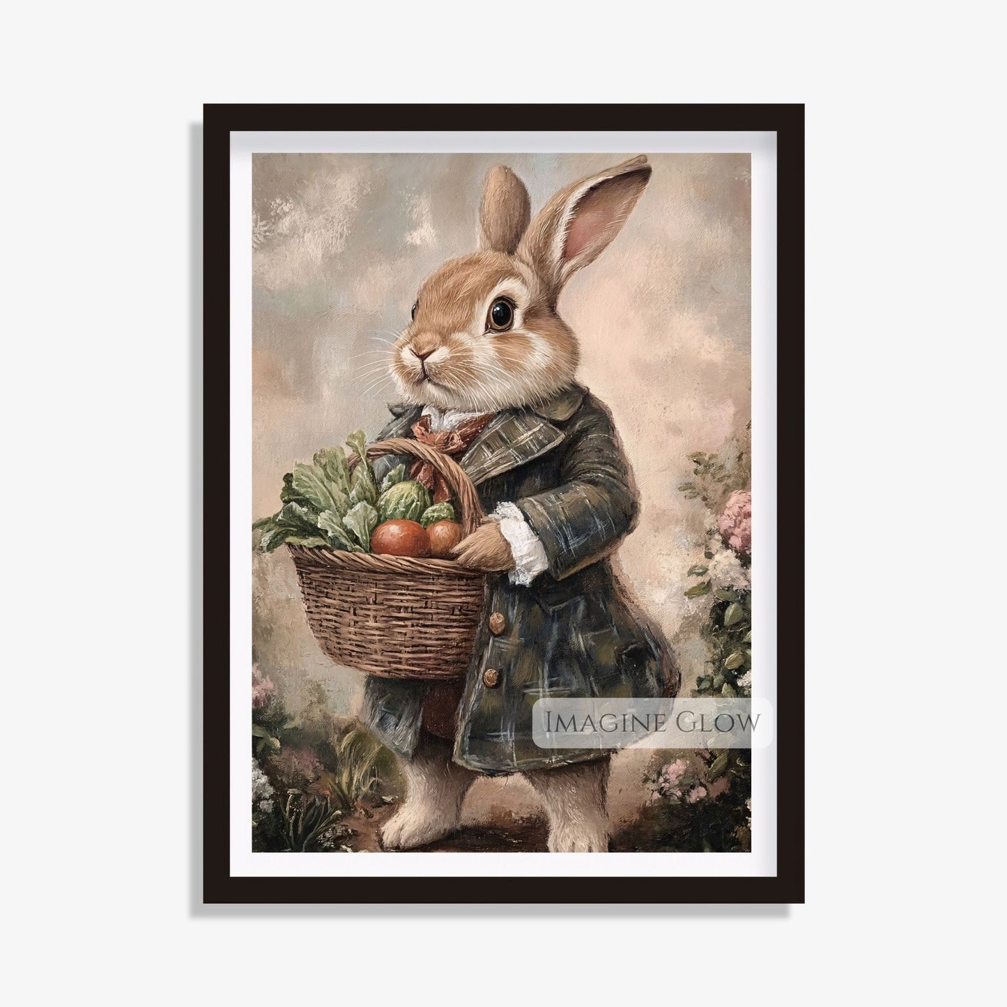 Bunny carrying a vegetable basket in a pastoral setting.
