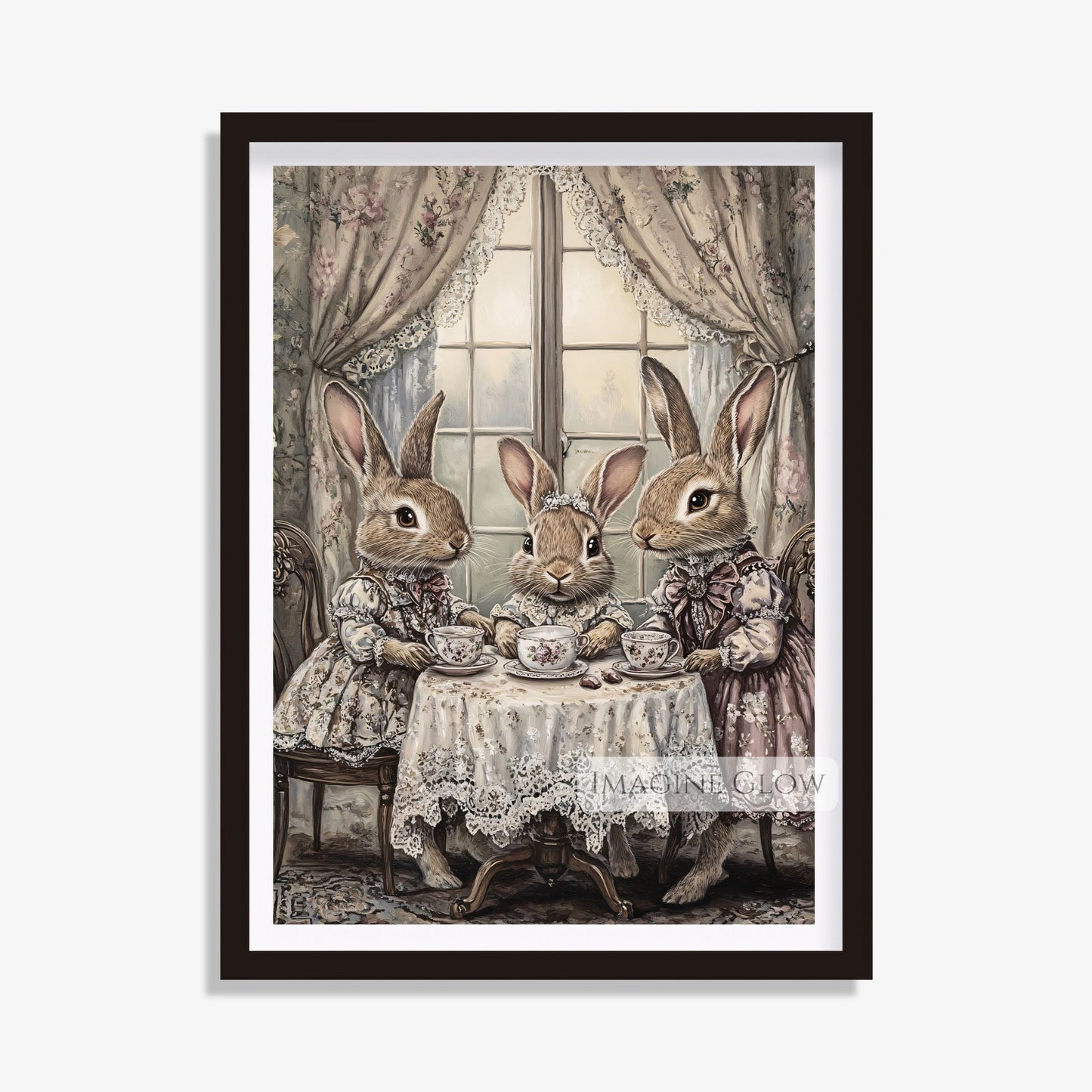 Bunny family Victorian-era tea time art piece.
