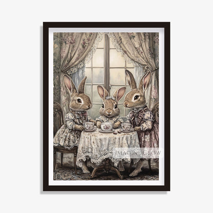 Bunny family Victorian-era tea time art piece.
