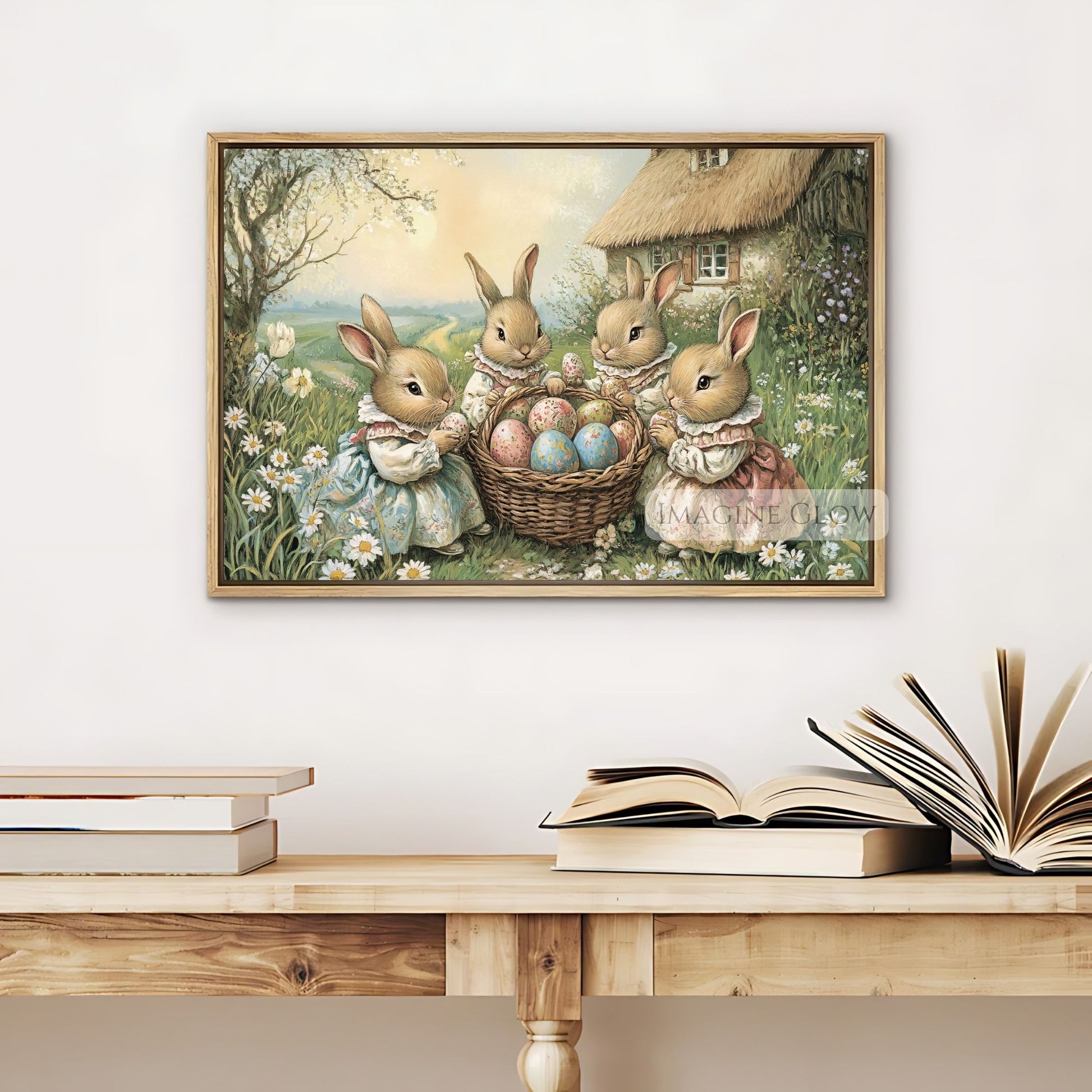 Victorian-style Easter bunnies surrounded by eggs in a blooming meadow.
