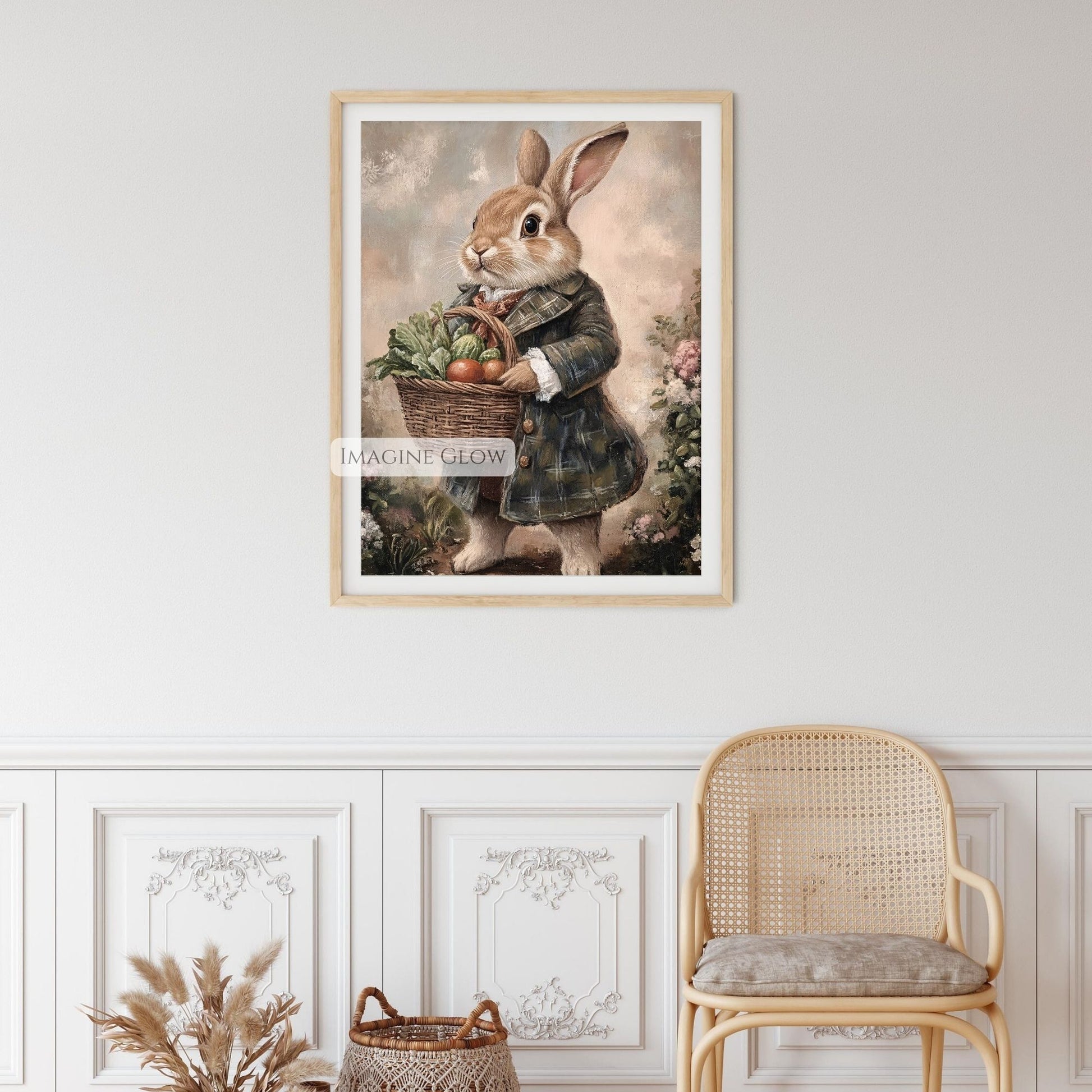 Victorian-inspired rabbit in the countryside, Beatrix Potter style.
