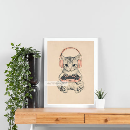 Gaming cat digital download with pink accents
Gamer girl cat illustration for fun wall decor