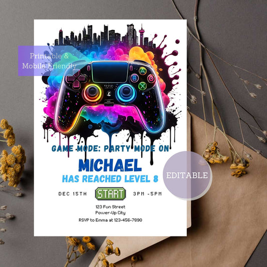 Editable video game birthday party invitation for a gamer boy with arcade theme