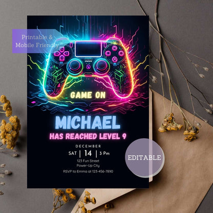 Editable video game birthday invitation with arcade theme and level-up design