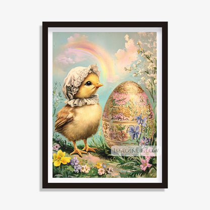 Vintage baby chick art with blooming flowers and Easter egg.