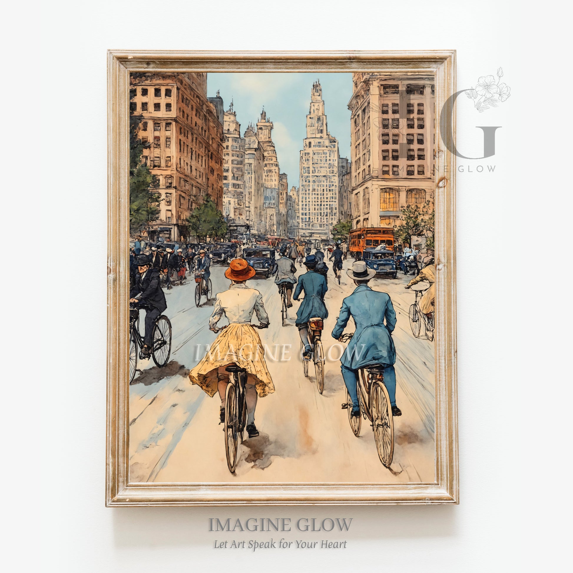 Historic Transportation Drawing Men and Women Riding Bicycles
Antique Urban Scene Hand-Drawn Bke Artwork