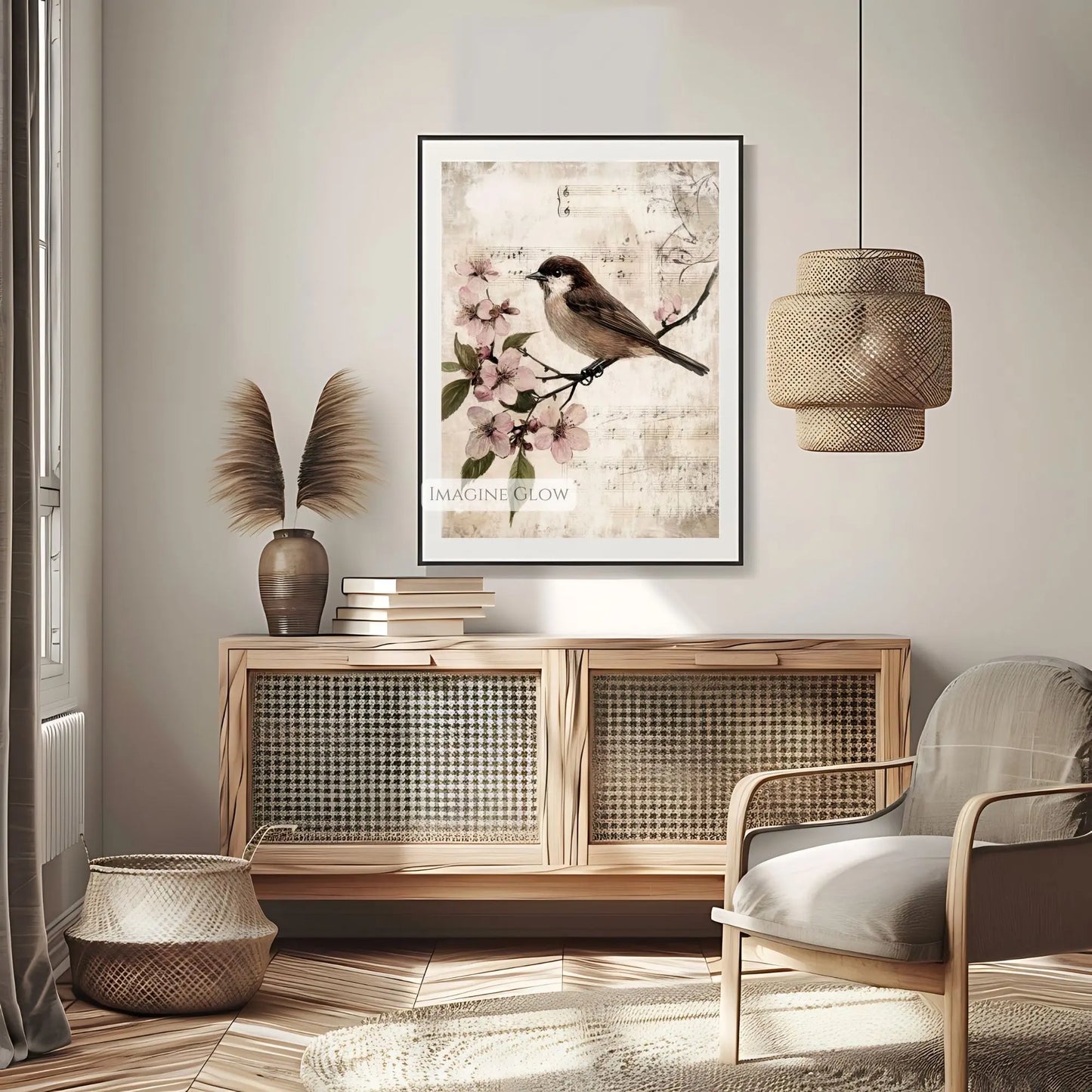 Elegant vintage bird art on a blossoming tree branch
