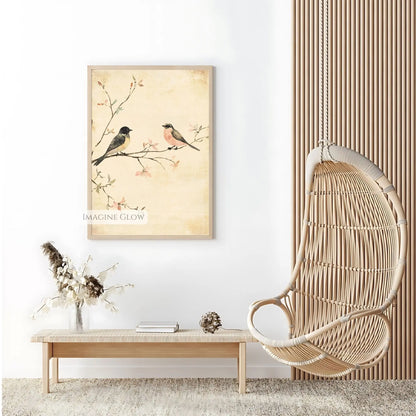 Antique bird art with two birds on a flowering branch
