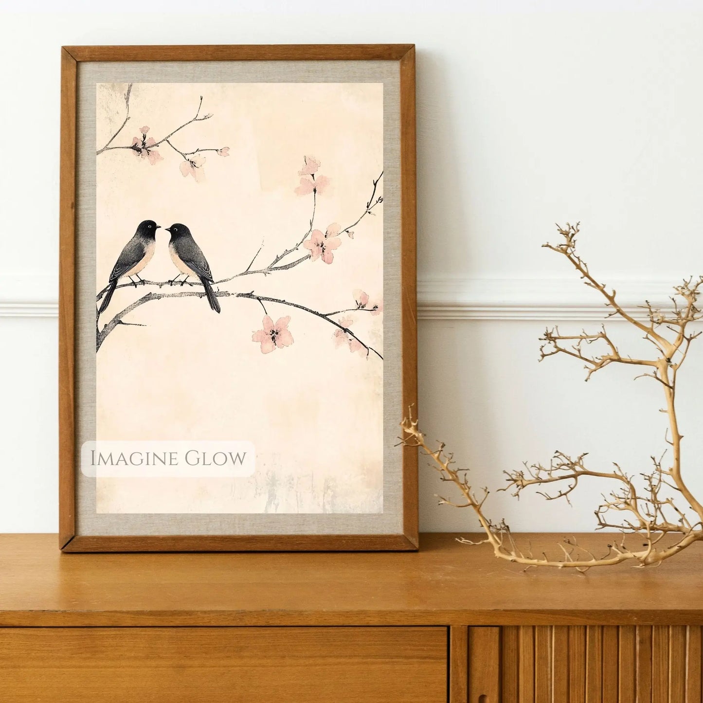 Springtime bird print with two birds on a tree branch
