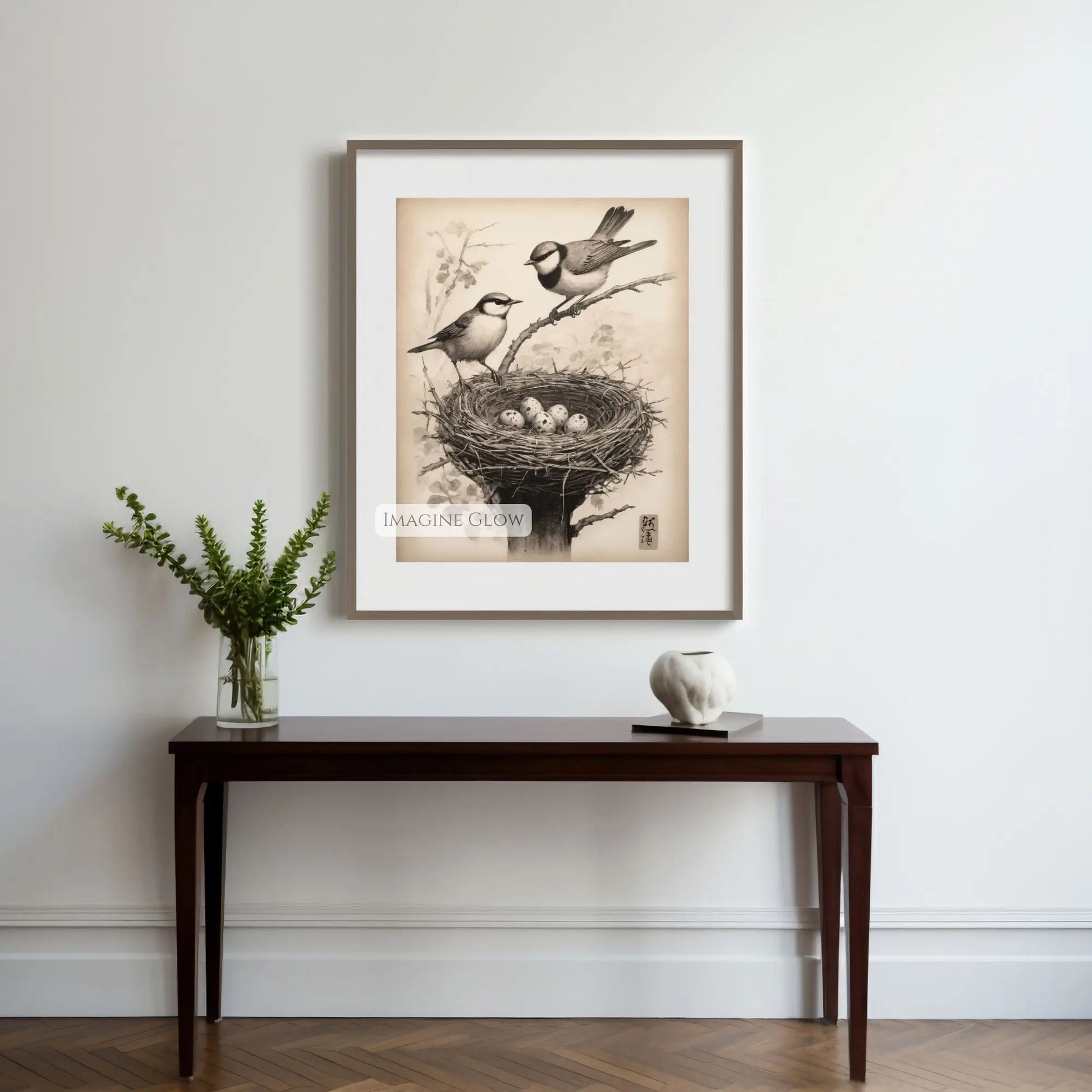 Bird nest with eggs vintage painting for spring decor