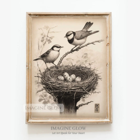 Vintage bird nest painting with eggs and spring theme
