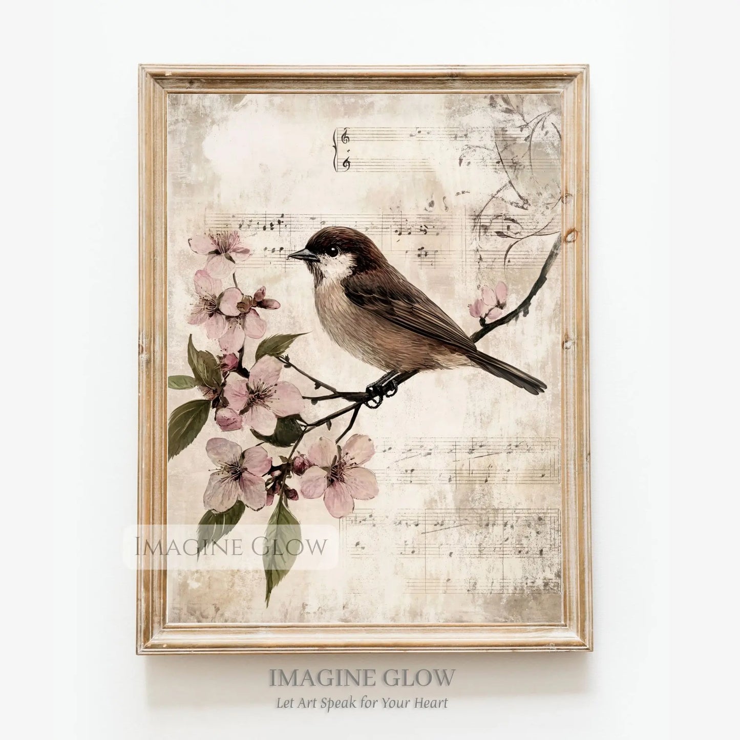 Nature-inspired bird print perched on a blossoming branch
