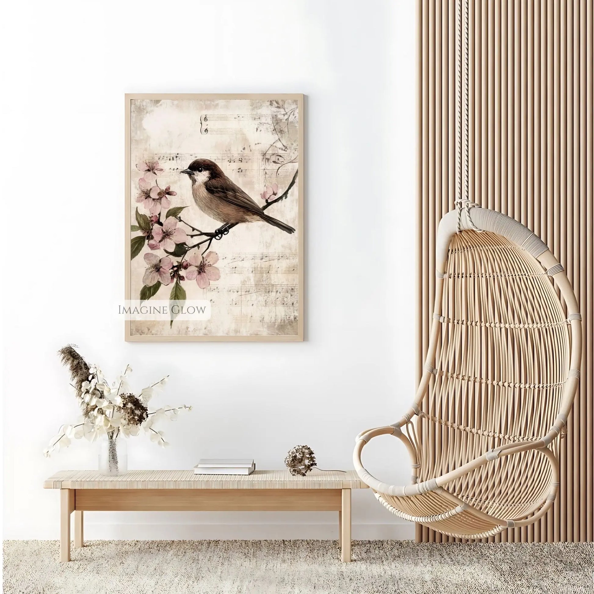 Vintage bird perched on branch with spring blossoms