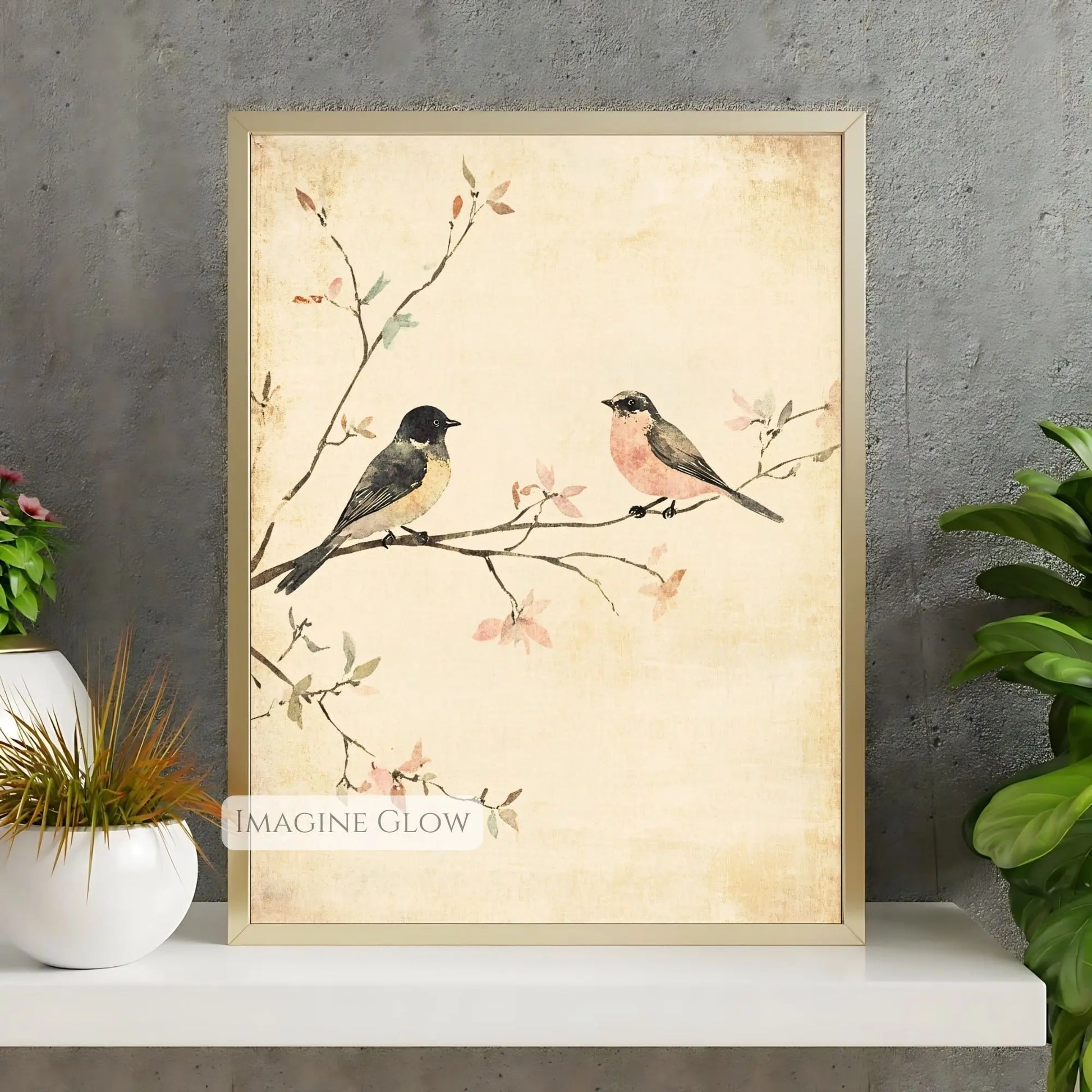 Two birds on a blossoming branch vintage print for home decor