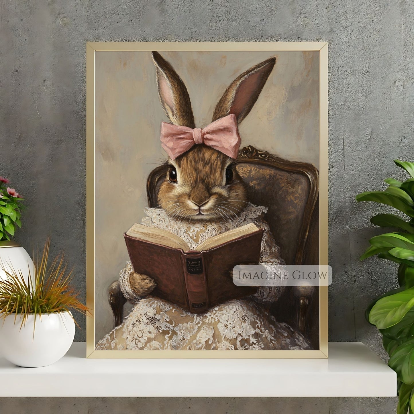 Digital art of a bunny reading a book
