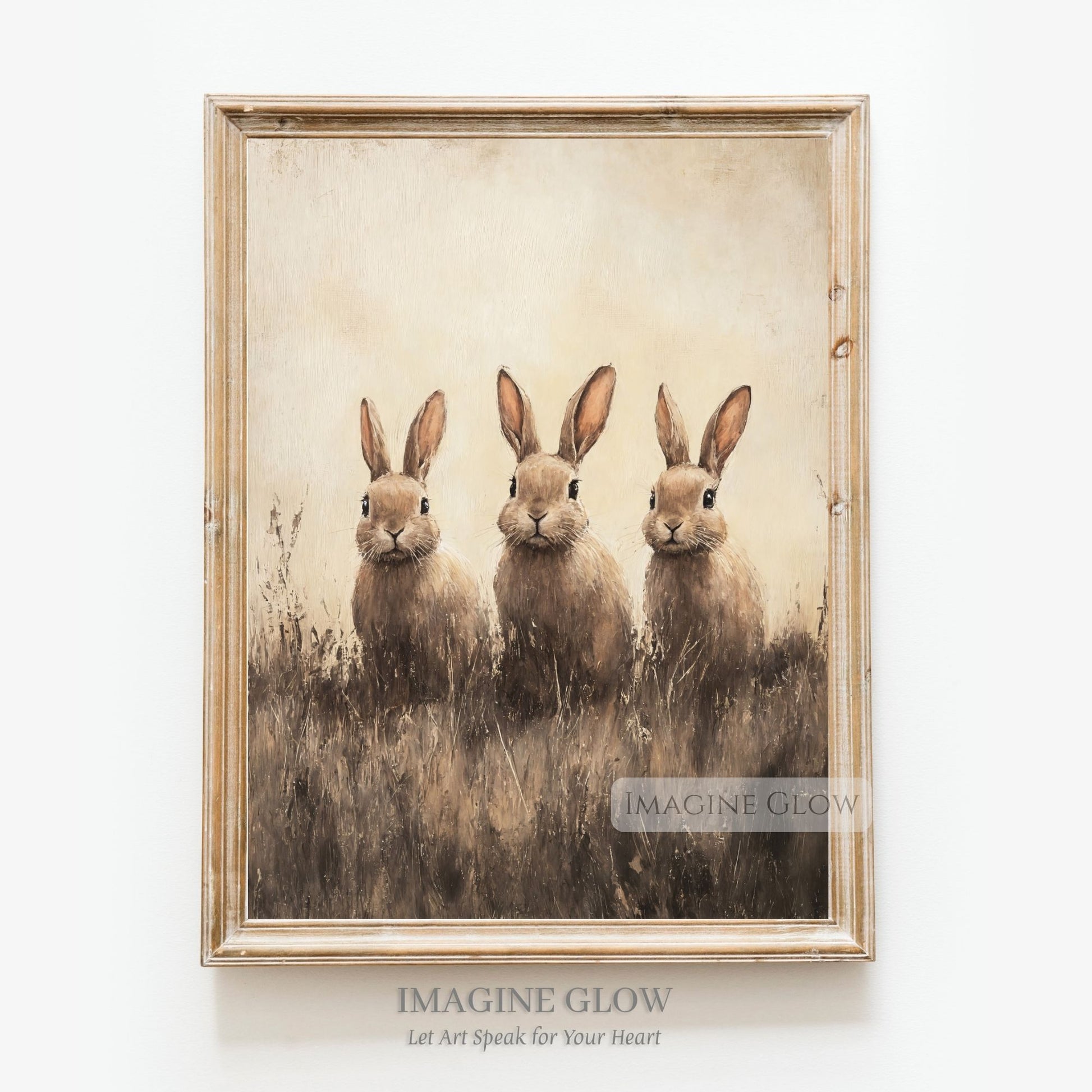 Vintage bunny painting in a grassy field farmhouse decor
