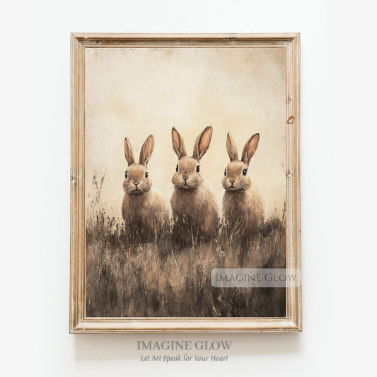 Vintage bunny painting in a grassy field farmhouse decor
