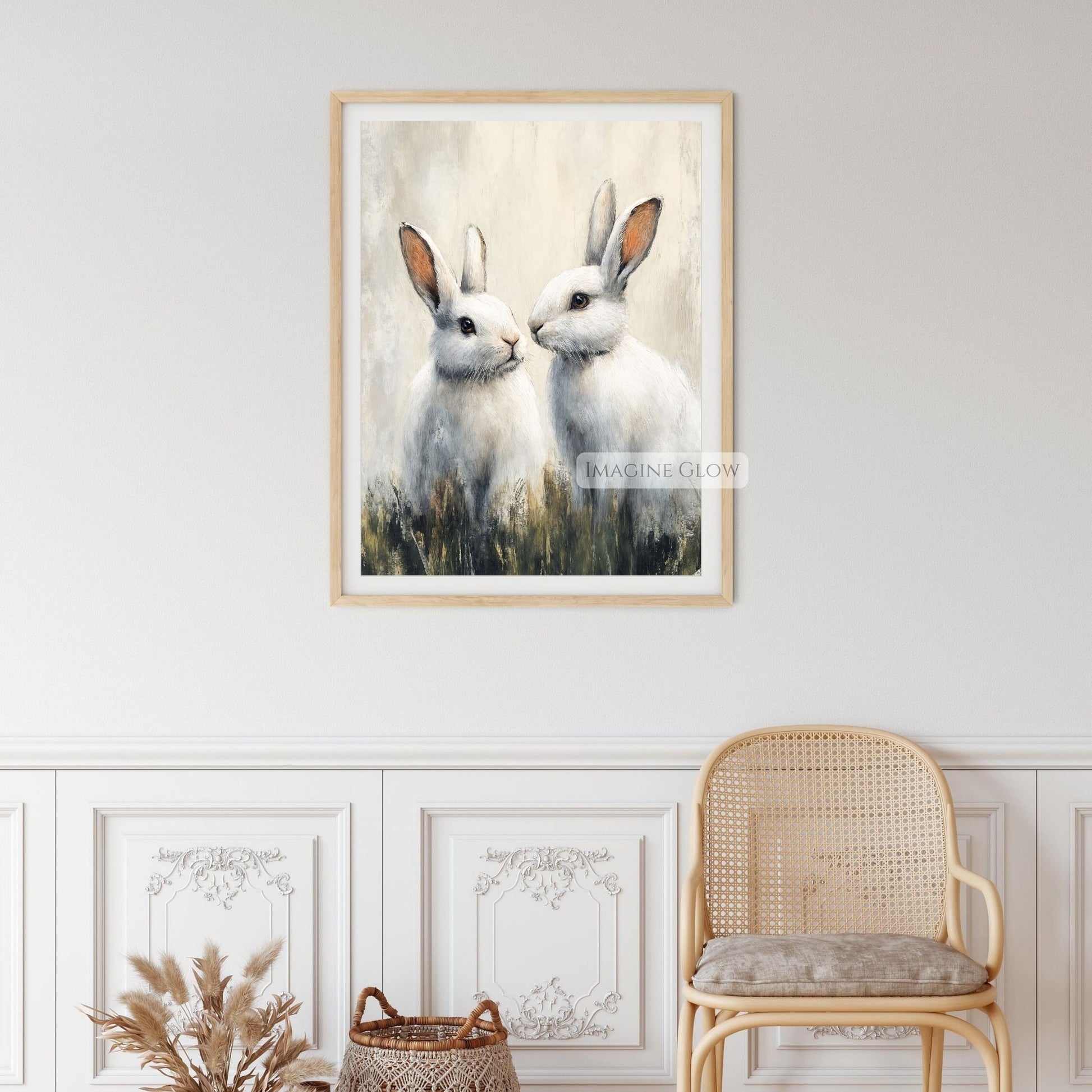 Two white bunnies vintage animal print for nursery decor
