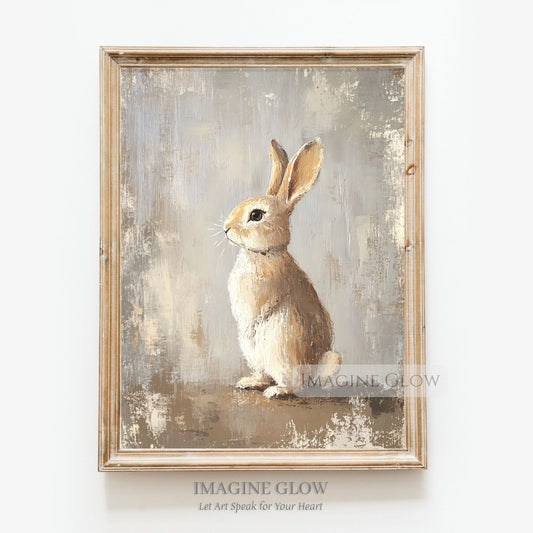 Nostalgic bunny art with pastoral charm. Vintage-style rabbit painting for timeless decor.
