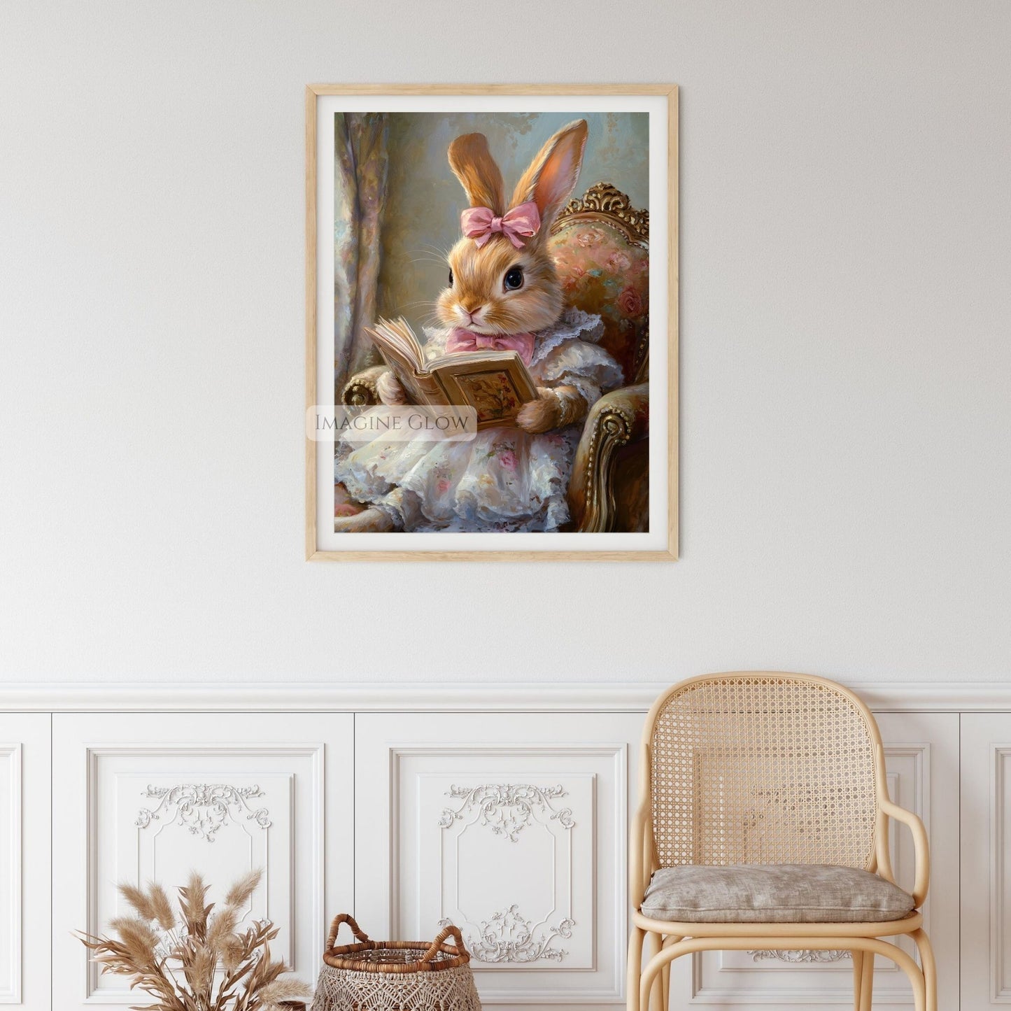 Charming bunny reading art print for kids
