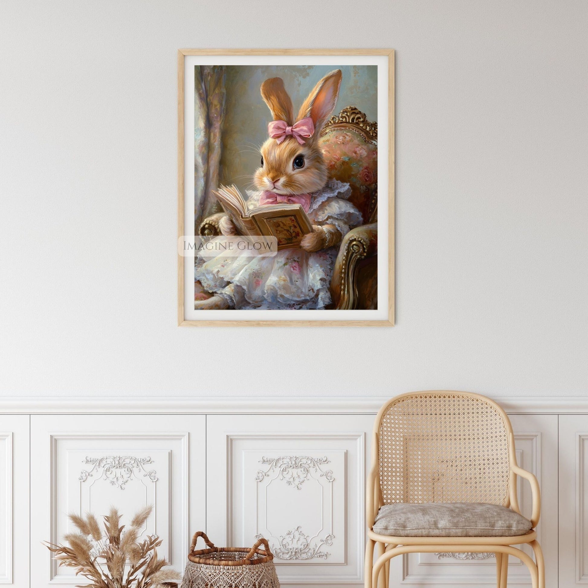 Charming bunny reading art print for kids
