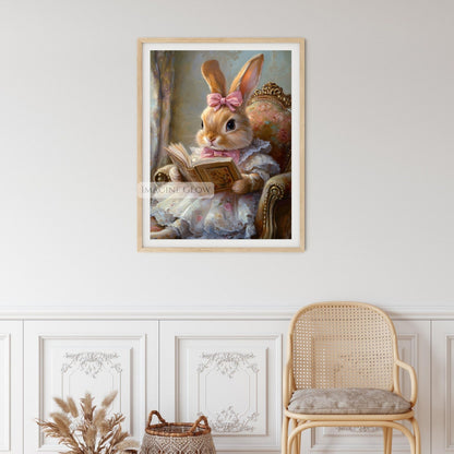 Charming bunny reading art print for kids
