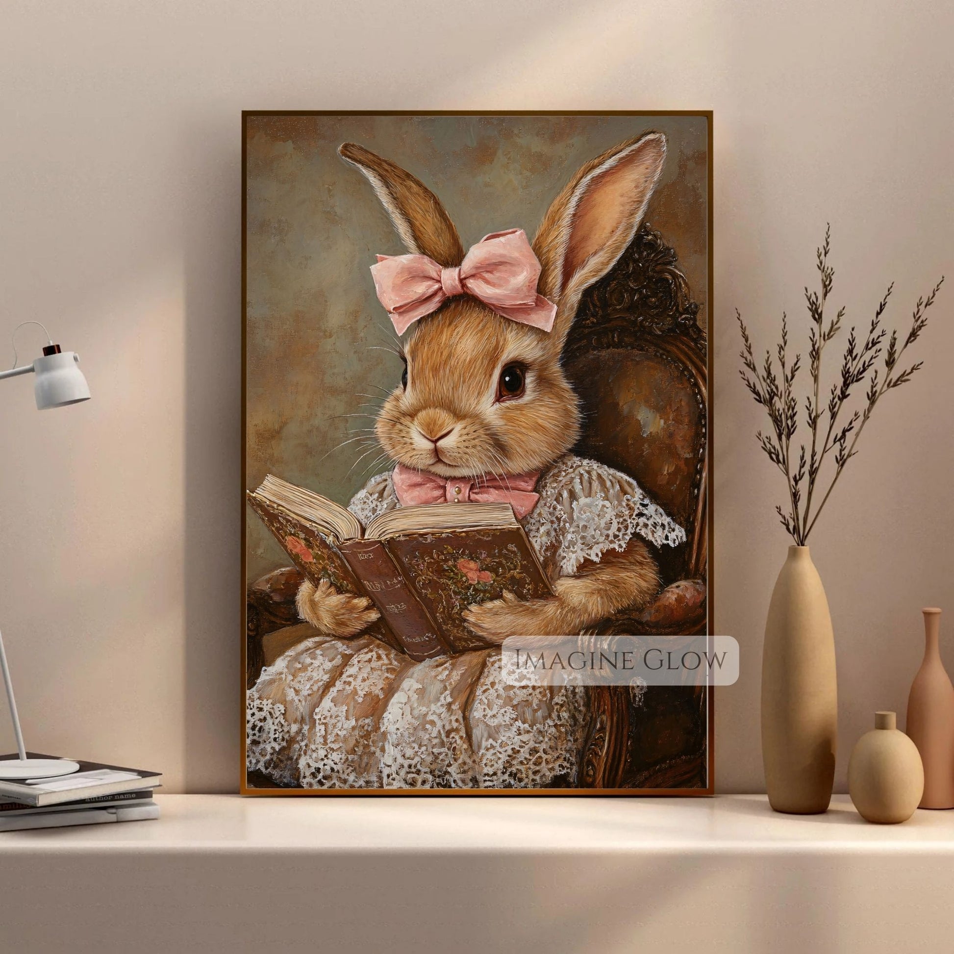 Cottagecore bunny reading wall art
