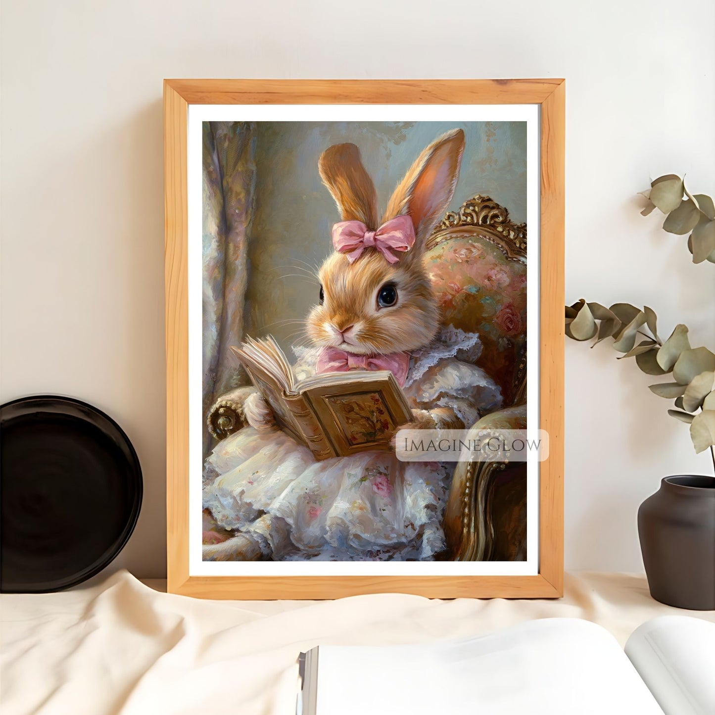 Bunny reading wall art for nursery decor
