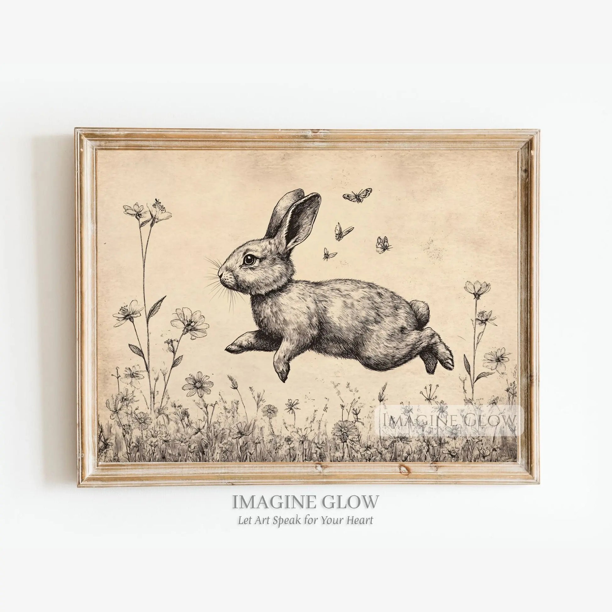 Vintage bunny print with a rabbit surrounded by wildflowers.
