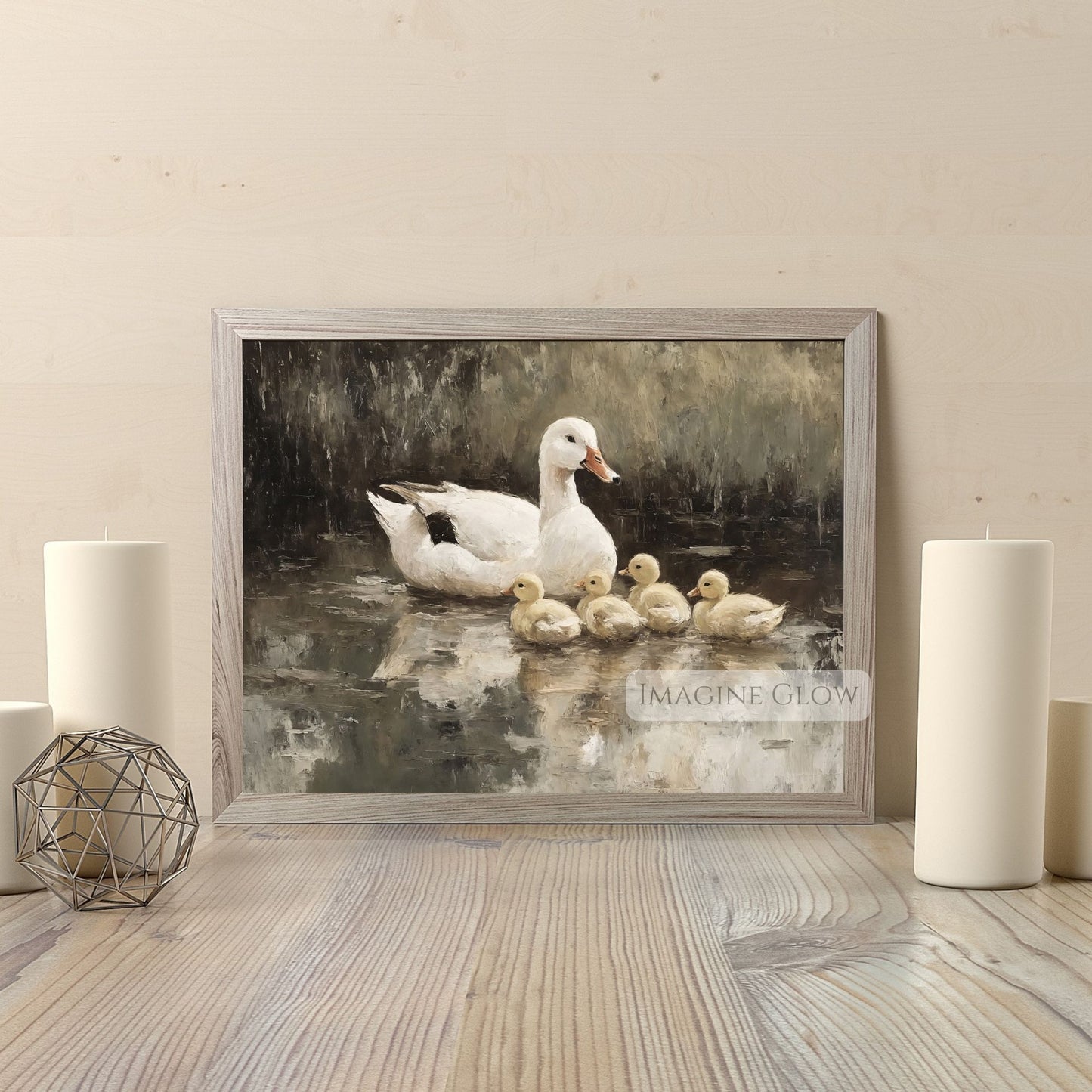 Waterfowl artwork with white ducks in a peaceful setting
