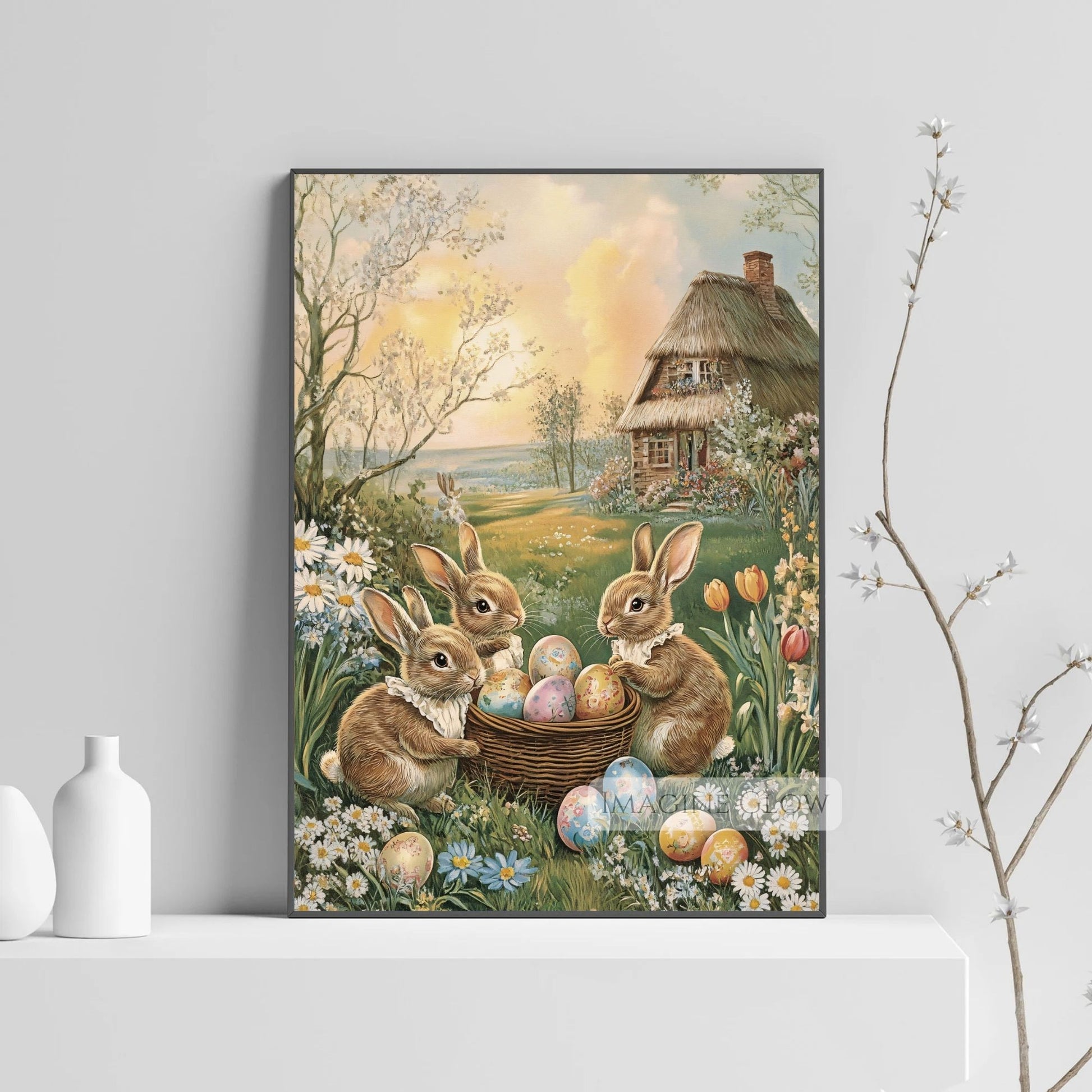 Spring meadow scene with Victorian rabbits and Easter eggs.
