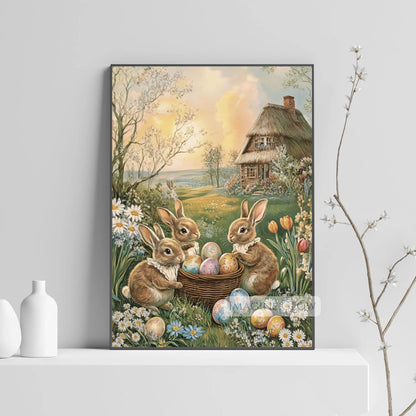 Spring meadow scene with Victorian rabbits and Easter eggs.
