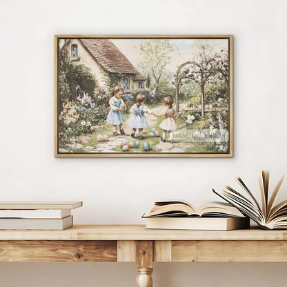 Easter celebration in a vintage English cottage with kids and flowers. Pastel-toned vintage Easter scene in a blooming English garden.
